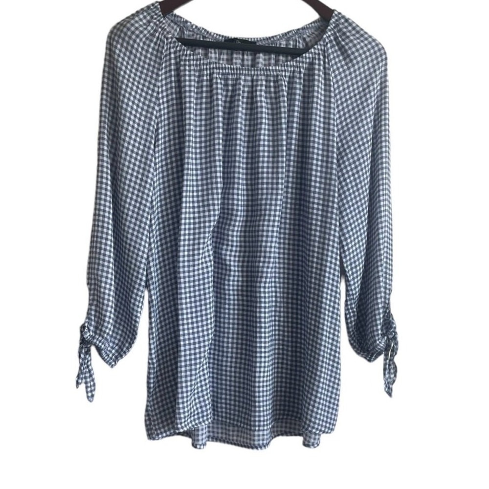 Fred David‎ Women Top XL Blue Gingham 3/4 Sleeve Flowy Casual Preppy Coastal